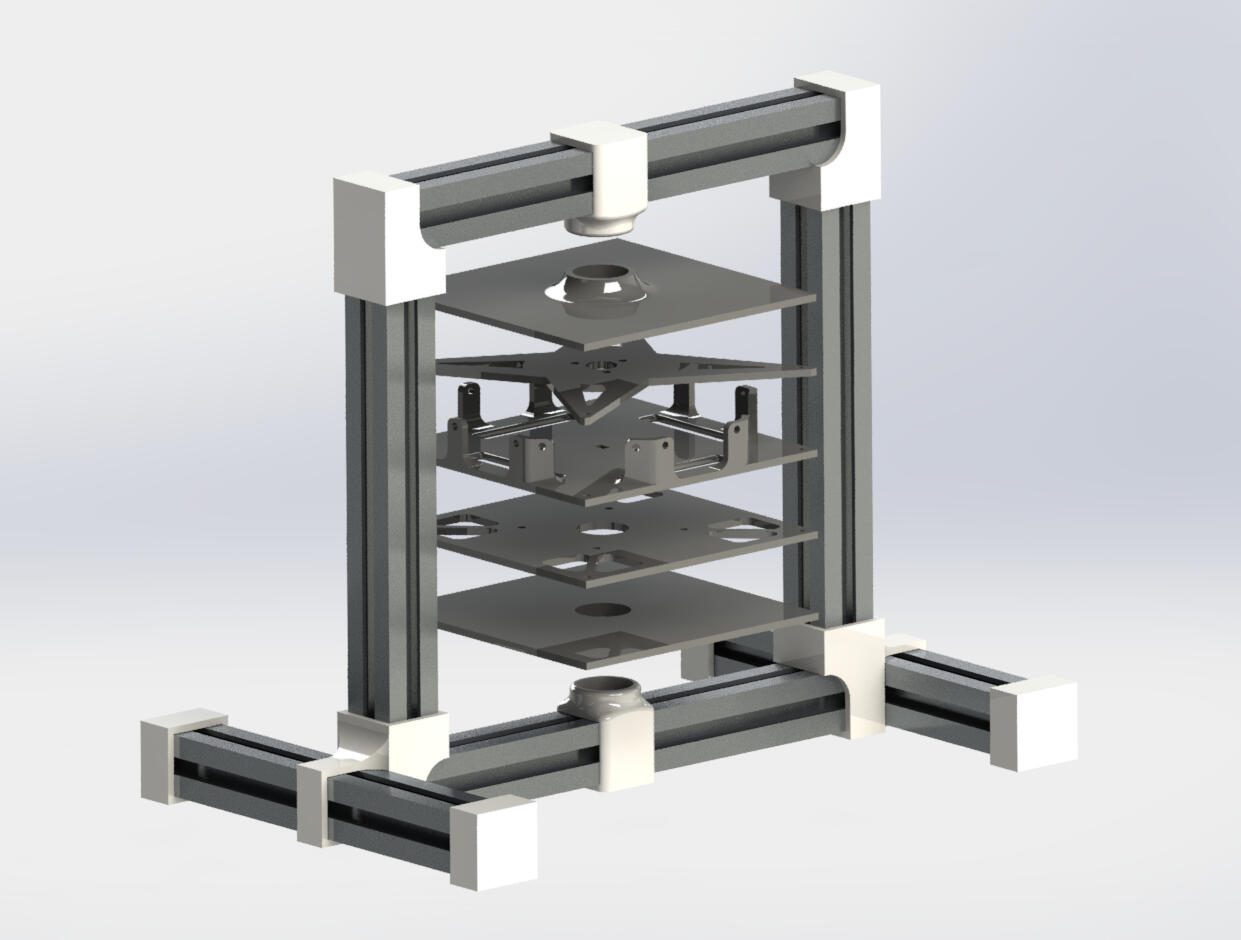 SolidWorks render of the ADCS chassis: an extruded aluminum gantry with 3D-printed corner blocks, enclosing four stacked equipment plates mounted on a central rotary joint.