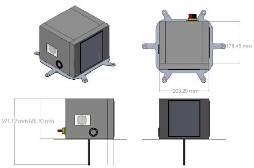 Four-view dimensioned drawing of the Horizon chassis, a boxed enclosure with mounting tabs, measuring 203.20 mm wide by 171.45 mm deep by 165.10 mm tall.