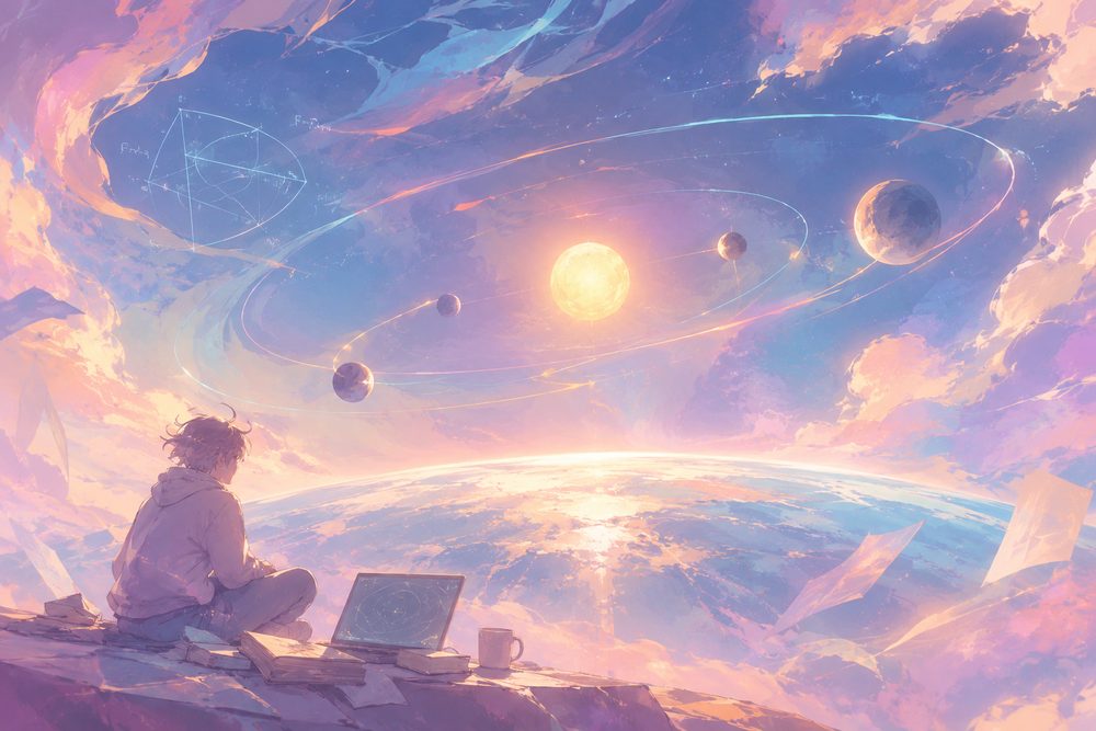 Illustration of a figure with a laptop on a clifftop, watching planets trace glowing orbital paths above a curved Earth horizon.