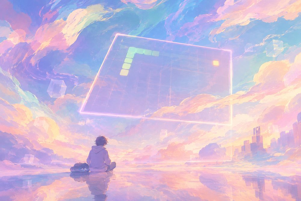 Illustration of a figure sitting alone watching a glowing snake game grid float in a pastel sky.