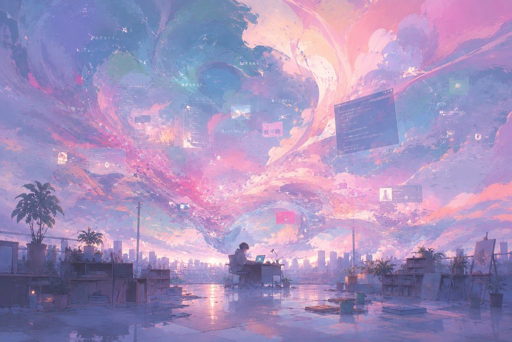 Illustration of a figure at a desk on a rooftop beneath a vast pastel sky filled with floating code windows and interface panels.