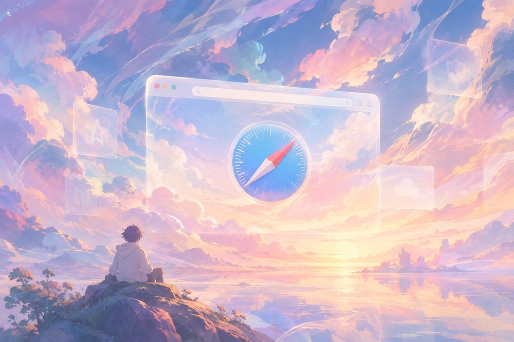 Illustration of a figure watching a large translucent browser window float above a lake at sunset.